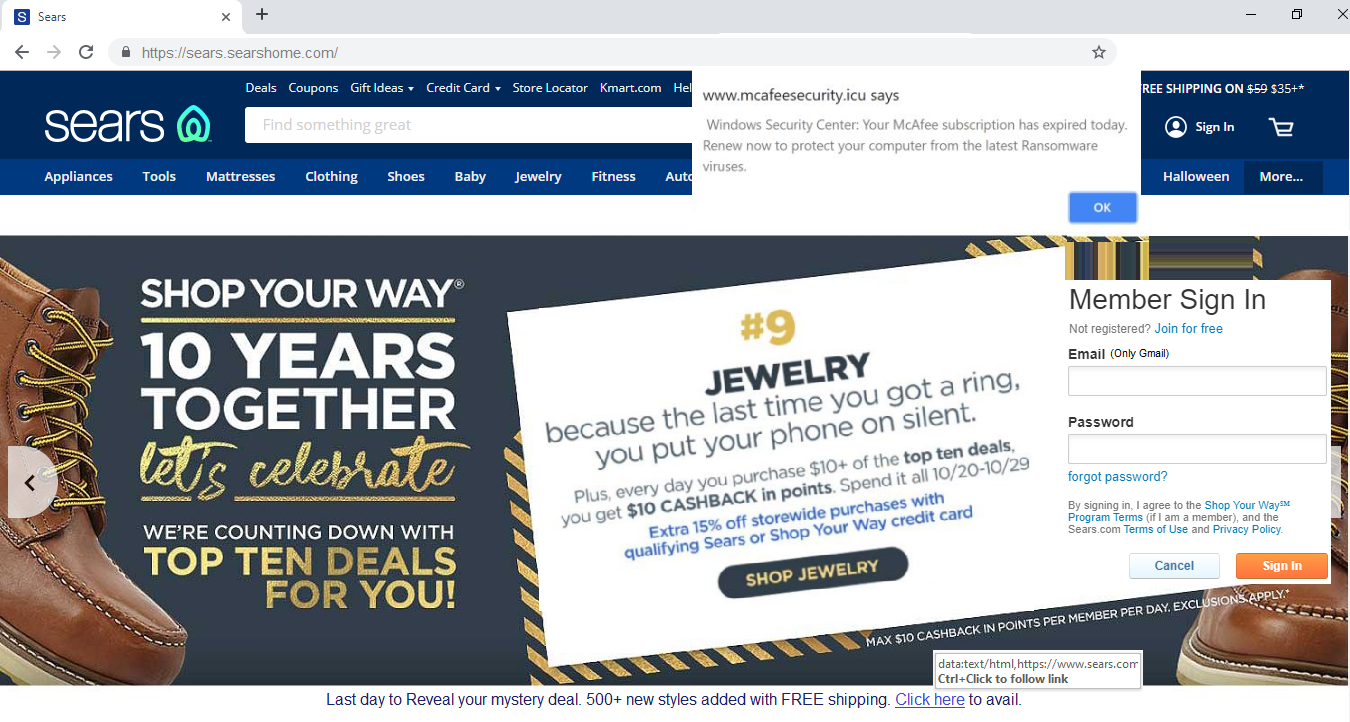 Sears Phishing website example